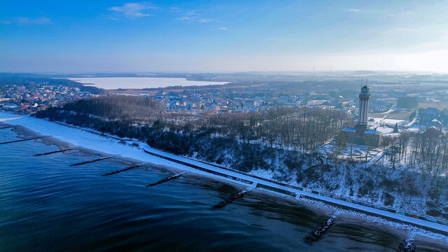 Baltic Sea coast drone view Niechorze lighthouse winter 07