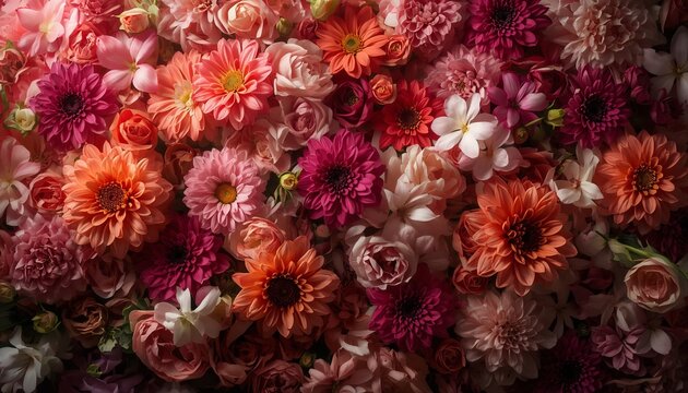 Vibrant Floral Background Pattern with Pink and Orange Dahlias, Roses, and Gerberas
