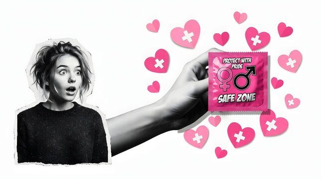 A black and white paper cutout style illustration of a surprised young woman looking at a pink condom wrapper held by a hand with floating hearts.