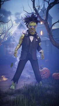 Funny 3D animation of Frankenstein monster dancing with skeletons, zombies and pumpkins in spooky night cemetery. Humorous Halloween character in scary foggy graveyard.