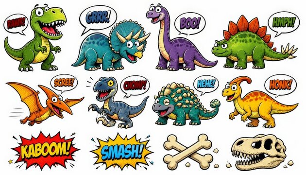 Cartoon dinosaurs with speech bubbles and bones