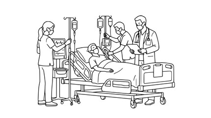 Obraz premium Medical Team Caring for Patient in Hospital Room Line Art