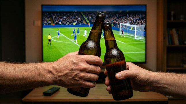 Two hands clinking beer bottles in front of television showing soccer match