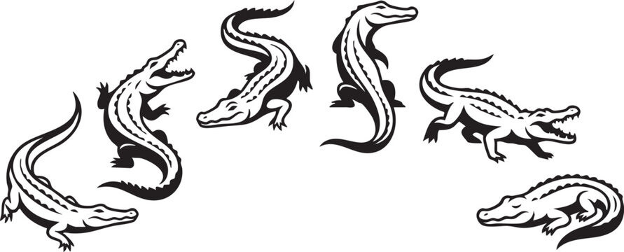 A set of crocodiles. Hand drawn vector illustration	