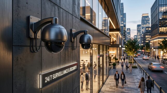 Security surveillance cameras mounted on wall, safety technology and protection concept, high quality commercial photography,