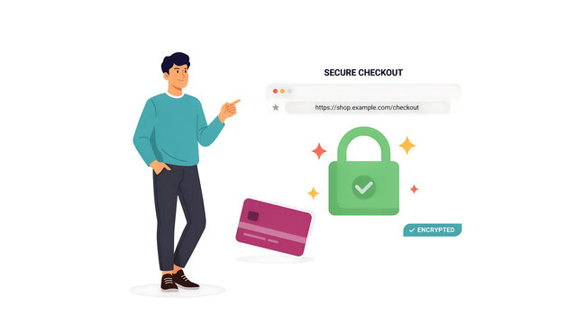 Secure checkout concept with man pointing at encrypted lock, online payment safety illustration, digital credit card and web browser interface