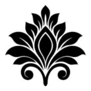 Elegant vintage damask pattern floral motif featuring symmetrical scrolling leaf elements and a central oval shape rendered in halftones for a classic decorative design transparent background