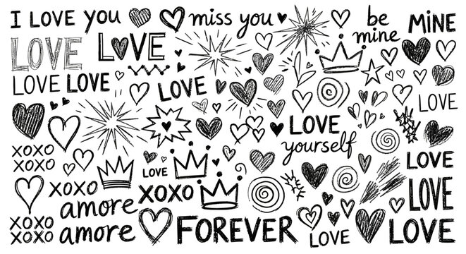 Hand-drawn romantic doodles pattern with hearts, crowns, and text like I love you, xoxo, forever, and be mine on a white background