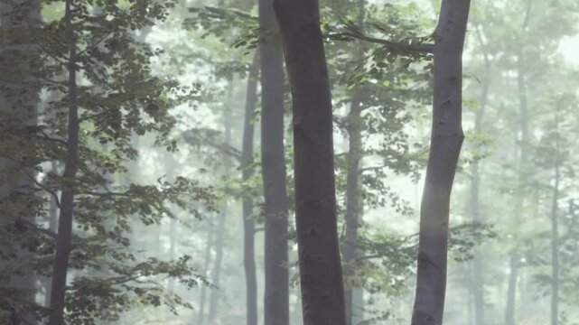 In the woods, trees stand tall while fog drifts among the branches in the early morning. The soft light creates a quiet atmosphere as nature begins to wake.