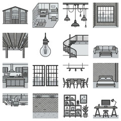Interior design and architectural loft living space icons. © Arsya