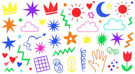 Fototapeta premium Vibrant and Playful Hand-Drawn Doodle Icons Collection with Diverse Shapes and Symbols for Creative Design Projects