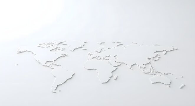 3D extruded white world map on white background with soft shadows and perspective view minimalist global geography concept for corporate presentation and business design backgrounds