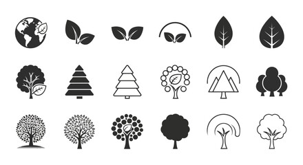 Collection of stylized tree and leaf icons representing nature, growth, and environmental concepts © Viadalla