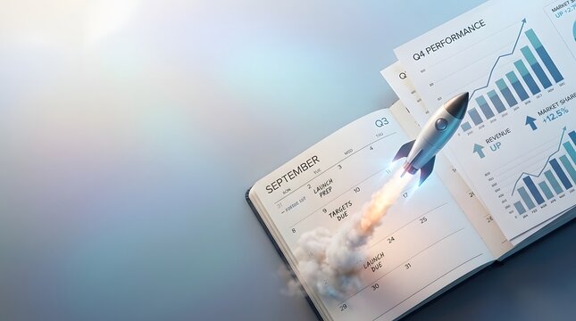 3D render of a silver rocket ship taking off from an open September calendar page next to financial data charts and performance reports on a clean desk background.