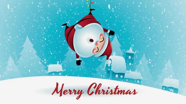 Playful animated Christmas card with a cute Santa Claus swinging against a snowy winter background
