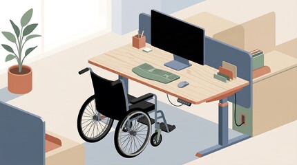 Naklejka premium Accessible workstation with wheelchair vector illustration
