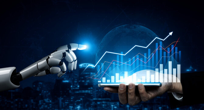 A robot hand reaches towards a human hand holding a smartphone displaying data analytics charts, symbolizing the blend of technology and human interaction in a modern world. Scalp