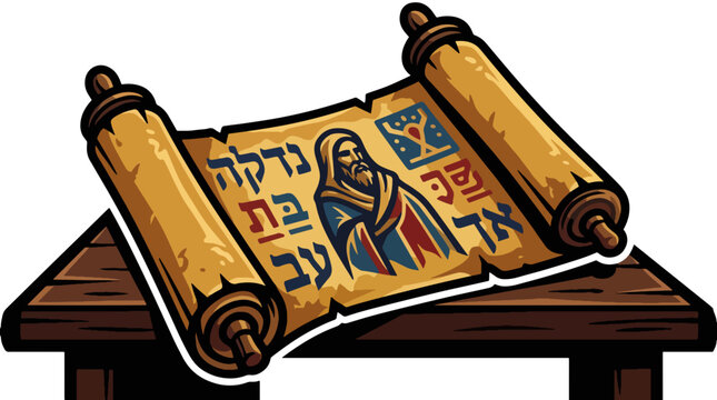 Ancient unrolled scroll with Hebrew letters on wooden table. Old Testament prophets theme. Vector illustration