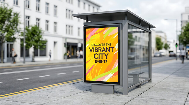 Modern bus stop advertisement for vibrant city events on urban street