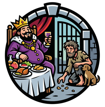 Parable of the rich man and Lazarus begging for crumbs. Biblical kingdom parables concept. Circular flat design vector illustration