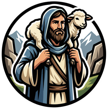 Shepherd carrying lost lamb on shoulders in mountains. Biblical parables lost sheep concept. Flat design vector illustration