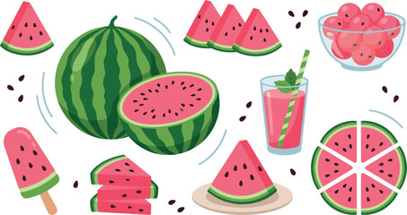 Fresh watermelon vector illustration set with juice, popsicle, and fruit slicesFresh watermelon vector illustration set with juice, popsicle, and fruit slices © IconWorld Studio