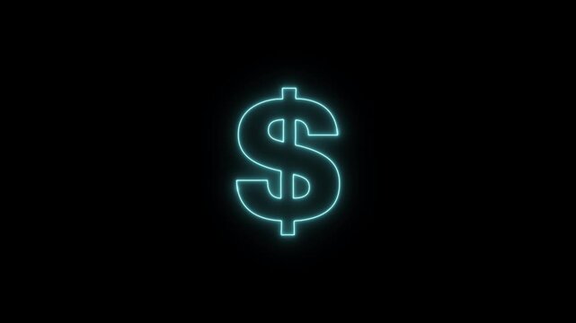 Dollar icon animation, glowing neon dollar sign, financial and wealth concept symbol on black background. Neon dollar icon.	