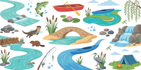 River landscape and outdoor camping vector illustration set with bridge, kayak, and waterfallRiver landscape and outdoor camping vector illustration set with bridge, kayak, and waterfall © IconWorld Studio