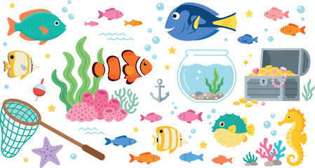  Marine animal cartoon sticker pack with treasure chest, fishbowl, coral reef, and seahorse vectors Marine animal cartoon sticker pack with treasure chest, fishbowl, coral reef, and seahorse vectors © Vector Studio