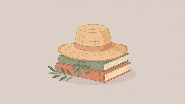 Cottagecore aesthetic straw hat on vintage books, rustic summer fashion accessories, flat vector illustration of garden sun hat and old hardcover books