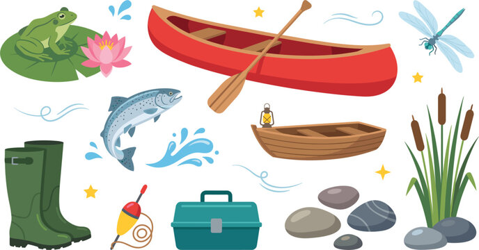 Fishing and lake recreation vector illustration set with red canoe, fish, and frog