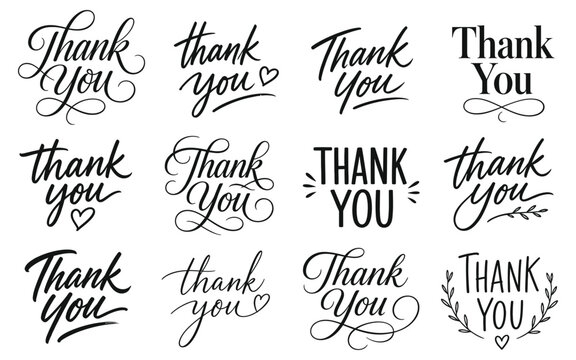 Collection of diverse handlettered thank you phrases in varying styles on a white background for gratitude and appreciation concepts