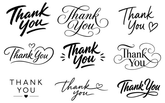 Collection of hand lettered thank you phrases and calligraphy designs on a white background for gratitude and appreciation concepts