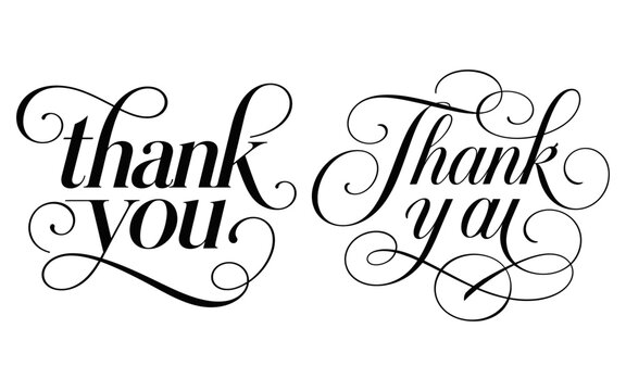 Elegant black and white calligraphy reading thank you with flourishes and swirls on a white background decorative typography design