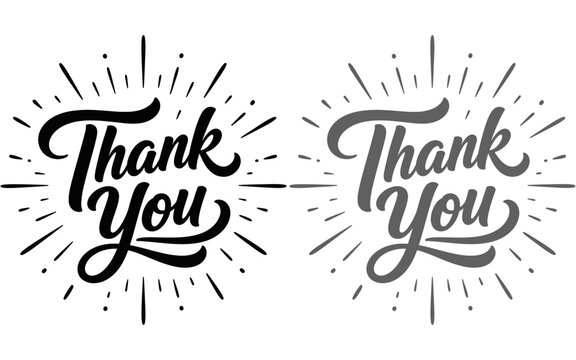 Two hand lettered thank you phrases with radiating sunbursts in black and white vector illustrations for gratitude and appreciation concepts