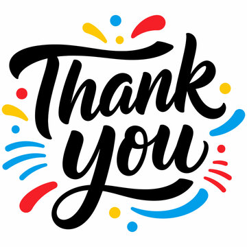 Colorful hand lettering thank you message with playful splashes and swirls on a white background for gratitude and appreciation concepts