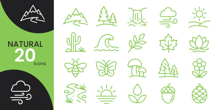 Collection of delicate green line icons depicting natural elements like mountains trees flowers and weather on a white background