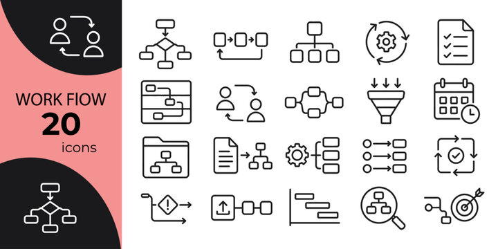 Collection of twenty linear workflow icons depicting process management data flow and organizational structure on a dark gray background