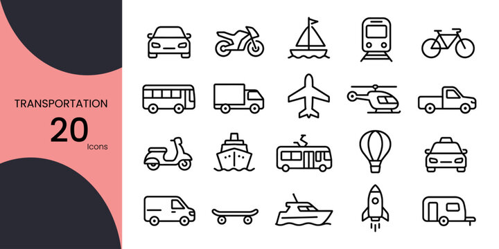 Collection of twenty black line icons representing various modes of transportation including cars boats planes and trains on a white background