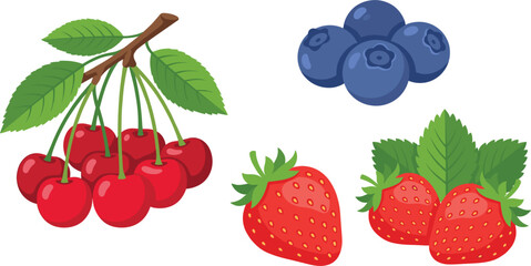 Summer berry fruit icon pack with ripe sweet cherries, strawberries, and fresh blueberries © IconWorld Studio