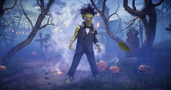 Funny 3D animation of Frankenstein monster dancing with skeletons, zombies and pumpkins in spooky night cemetery. Humorous Halloween character in scary foggy graveyard.