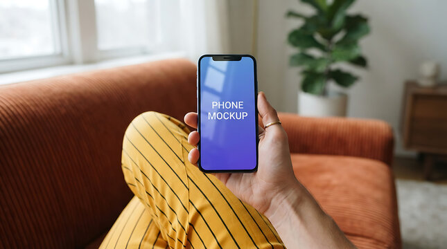 Realistic phone mockup display in a cozy living room setting isolated on transparent background