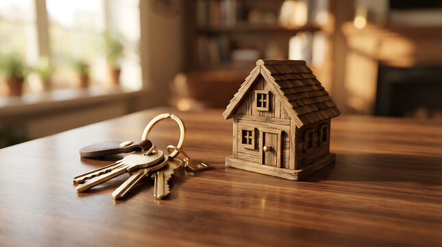 Wooden House Model With Keys On Rustic Table Near Window