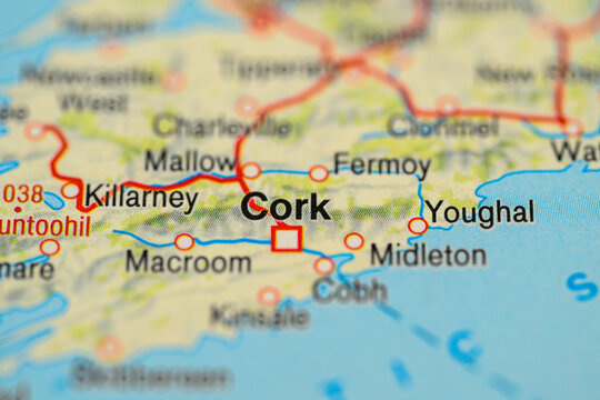Macro travel map detail highlighting Cork Ireland road route planning.