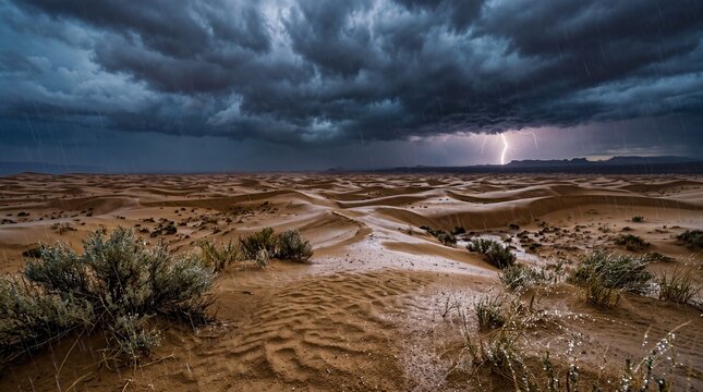 Dramatic thunderstorm over desert sand dunes with heavy rain, lightning, dark storm clouds and a rare natural weather phenomenon.