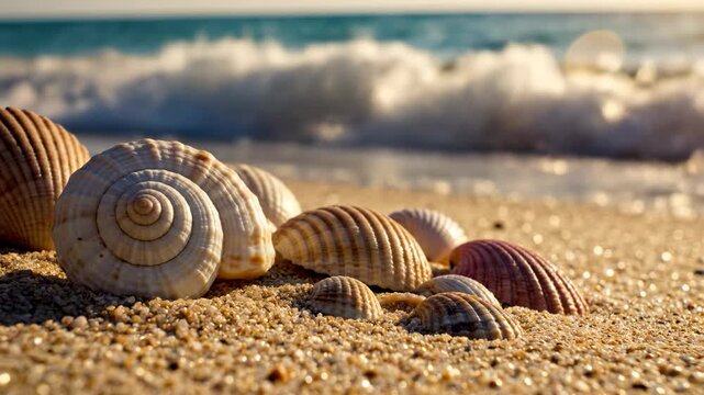 Natural seashells rest peacefully upon the golden sandy terrain while sunlight glimmers across the rhythmic ocean waves crashing gently against the peaceful shore during a vibrant summer