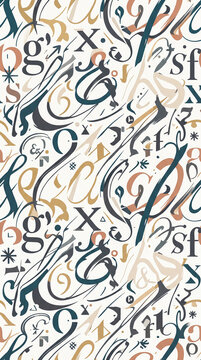 Abstract deconstructed calligraphy and script letter pattern in teal and gold on white background