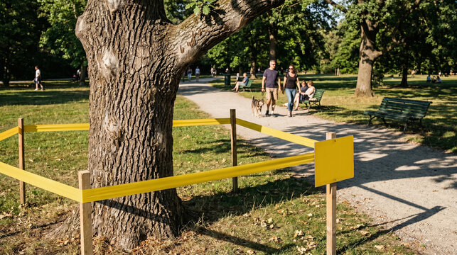 Oak Tree Infestation With Cordon Area in European Public Park