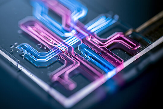 Macro close-up of a transparent microfluidic research chip holding blue and magenta liquids in branching channels with tiny bubbles and shallow focus on a dark surface