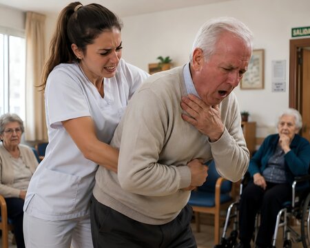 Nurse performing Heimlich maneuver on choking elderly man in nursing home
